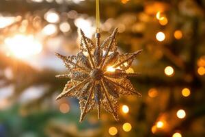 ein schließen - - oben Schuss von ein golden glänzend Star Ornament hängend von ein Weihnachten Baum Ast. generativ ai foto