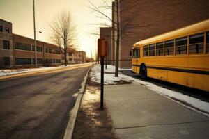 ein breit - - Winkel Schuss von ein Schule Bus halt Zeichen mit ein leeren Bürgersteig im das Hintergrund. generativ ai foto
