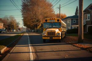 ein breit - - Winkel Schuss von ein Schule Bus halt Zeichen mit ein leeren Bürgersteig im das Hintergrund. generativ ai foto