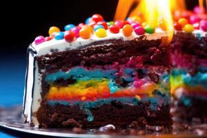 ein lebhaft und bunt extrem schließen - - oben von ein Scheibe von Geburtstag Kuchen. generativ ai foto