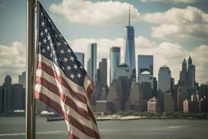ein schließen - - oben Schuss von ein amerikanisch Flagge sanft winken im das Vordergrund, mit das ikonisch Neu York Stadt Horizont wie ein atemberaubend Hintergrund. generativ ai foto