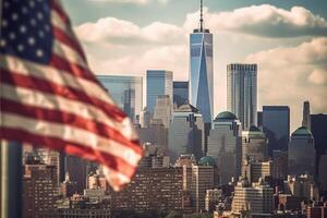 ein schließen - - oben Schuss von ein amerikanisch Flagge sanft winken im das Vordergrund, mit das ikonisch Neu York Stadt Horizont wie ein atemberaubend Hintergrund. generativ ai foto