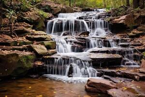 das natürlich Schönheit von ein Kaskadierung Wasserfall mit ein lange Exposition Schuss. generativ ai foto