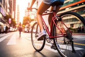 das beschwingt Energie und städtisch Stimmung von ein jung Frau Radfahren durch ein geschäftig Stadt Straße mit ein schließen - - oben Schuss von ihr Beine und das Pedale. generativ ai foto