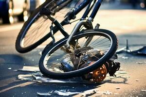 ein Bild durch Erfassen das Nachwirkungen von ein Fahrrad Absturz auf ein Stadt Straße. generativ ai foto