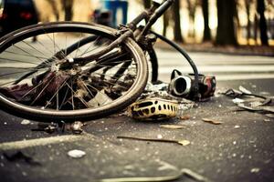 ein Bild durch Erfassen das Nachwirkungen von ein Fahrrad Absturz auf ein Stadt Straße. generativ ai foto