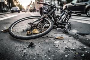 ein Bild durch Erfassen das Nachwirkungen von ein Fahrrad Absturz auf ein Stadt Straße. generativ ai foto