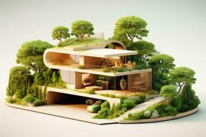 Öko - - freundlich Haus mit ein modern Design und ein stark Betonung auf Nachhaltigkeit. 3d machen. generativ ai foto
