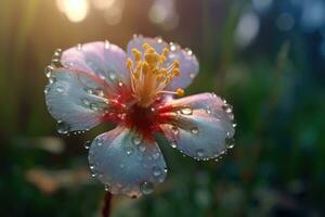 ein schließen - - oben Schuss von ein Wildblume im blühen, glitzernd mit Tau im das Morgen Licht. generativ ai foto