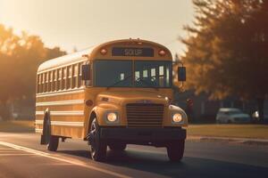 ein atmosphärisch Festlegung Schuss von ein Schule Bus im das Sanft Morgen Licht. generativ ai foto