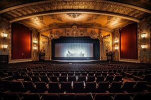 ein atmosphärisch Rahmen von ein alt - - gestaltet Film Theater. das schwach zündete Auditorium, geschmückt mit Samt Vorhänge. generativ ai foto