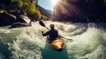 ein Mann Kajak fahren auf ein schnell fließend Fluss unter groß Felsen. generativ ai foto