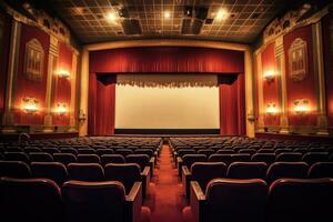 ein atmosphärisch Rahmen von ein alt - - gestaltet Film Theater. das schwach zündete Auditorium, geschmückt mit Samt Vorhänge. generativ ai foto