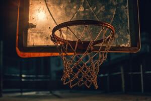 schließen - - oben Aussicht von das Basketball Band beim ein leeren städtisch draussen Gericht beim Nacht. generativ ai foto