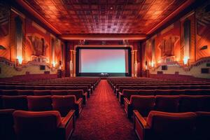 ein atmosphärisch Rahmen von ein alt - - gestaltet Film Theater. das schwach zündete Auditorium, geschmückt mit Samt Vorhänge. generativ ai foto