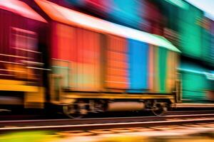 schließen - - oben Aussicht von ein Ladung Zug mit Bewegung verwischen, symbolisieren das schnell und effizient Transport von Waren. generativ ai foto