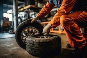 schließen - - oben Aussicht von ein Mechaniker beim arbeiten, Ändern Reifen und Räder im ein Bedienung Center. generativ ai foto