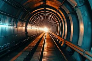 das städtisch unter Tage Infrastruktur durch nehmen ein schließen - - oben Aussicht von ein runden U-Bahn Tunnel mit Schläuche. generativ ai foto