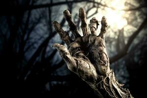 ein schließen - - oben Fotografie präsentieren ein Zombie Hand steigend von ein Friedhof auf ein gespenstisch Halloween Nacht. generativ ai foto