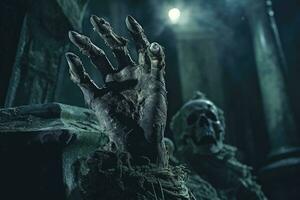 ein schließen - - oben Fotografie präsentieren ein Zombie Hand steigend von ein Friedhof auf ein gespenstisch Halloween Nacht. generativ ai foto