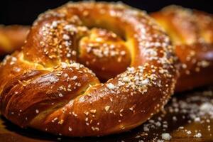 ein schließen - - oben Foto von ein traditionell Oktoberfest Brezel, frisch gebacken und golden braun. generativ ai