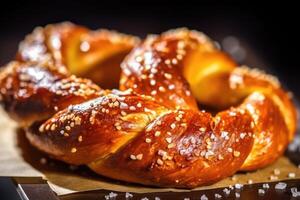 ein schließen - - oben Foto von ein traditionell Oktoberfest Brezel, frisch gebacken und golden braun. generativ ai