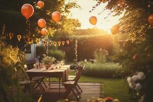 atmosphärisch Schuss von ein Garten Geburtstag Party beim Sonnenuntergang. generativ ai foto