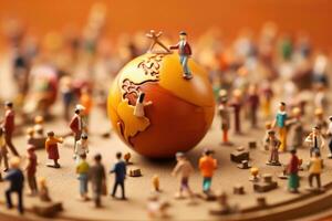 ein Menge Schuss von winzig Figuren von Studenten und Lehrer geschäftig um ein Globus, Darstellen ein global Klassenzimmer. generativ ai foto