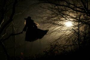 das Silhouette von ein Hexe fliegend auf ihr Besenstiel gegen ein voll Mond, hervorrufen das magisch und mysteriös Wesen von Halloween. generativ ai foto