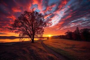 das Schuss Guthaben das Silhouetten von nackt Bäume gegen das beschwingt Farben von das Sonnenuntergang Himmel, mischen das Ruhe und Geheimnis von das Herbst Jahreszeit. generativ ai foto