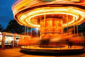 ein traditionell Karussell im Bewegung, ein Klammer Sicht beim Oktoberfest. generativ ai foto