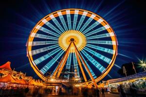 das ikonisch Oktoberfest Ferris Rad brillant zündete gegen das Nacht Himmel. produktiv ai foto