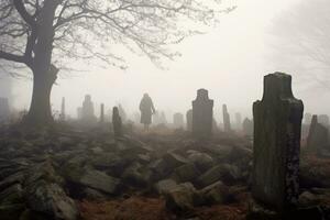 ein unheimlich Schuss genommen beim das Schlaganfall von Mitternacht, Erfassen das Nebel - - beladen Hintergrund von ein Friedhof. generativ ai foto