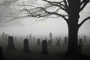 ein unheimlich Schuss genommen beim das Schlaganfall von Mitternacht, Erfassen das Nebel - - beladen Hintergrund von ein Friedhof. generativ ai foto