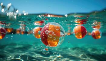 beschwingt Sommer- - - Strand Ball hüpfen auf Schwimmbad Wasser während Party. generativ ai foto