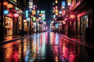 Neon- Betrachtung - - regnerisch Nacht im ein beschwingt Tokyo Straße. generativ ai foto