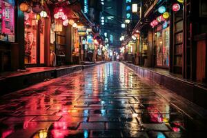 Neon- Betrachtung - - regnerisch Nacht im ein beschwingt Tokyo Straße. generativ ai foto