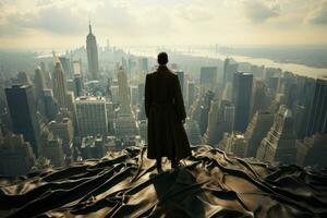 ein dramatisch Bild von ein Geschäftsmann Stehen auf das Kante von ein Wolkenkratzer, seine Mantel flattern mögen ein Superheld Kap im das Wind. generativ ai foto