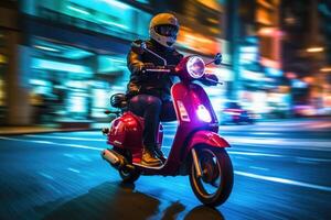 schließen - - oben Bild, ein Lieferung Mann ist Reiten seine Roller Motorrad durch das Stadt Straßen beim Nacht. generativ ai foto