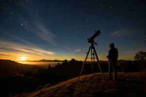 ein Sterngucker Sitzstangen auf ein hügel, seine Teleskop spitz gegenüber das Nacht Himmel himmlisch Körper. generativ ai foto