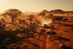 ein Drohnen Aussicht von Elefanten migrieren über das afrikanisch Savanne. generativ ai foto