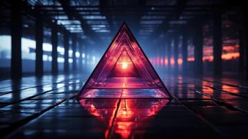 Single Neon- Tetraeder im ein dunkel Zimmer. generativ ai foto