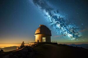 hoch im das Berge, ein Observatorium Kuppel steht gegen ein sternenklar Nacht Himmel. generativ ai foto