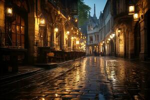 ein Antiquität europäisch Stadt Center, Kopfsteinpflaster Straßen nass von ein kürzlich Regen, reflektieren Sanft Beleuchtung von in der Nähe Laternen. generativ ai foto