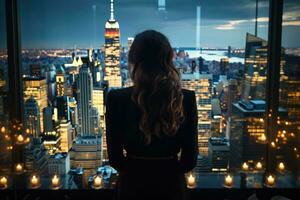 Geschäftsfrau mit Blick auf das beleuchtet Stadtbild von ein Hochhaus Gebäude. generativ ai foto