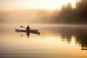 auf ein ruhig, nebelig Morgen, ein Fischer Abgüsse seine Netz auf ein heiter See. generativ ai foto