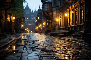 ein Antiquität europäisch Stadt Center, Kopfsteinpflaster Straßen nass von ein kürzlich Regen, reflektieren Sanft Beleuchtung von in der Nähe Laternen. generativ ai foto