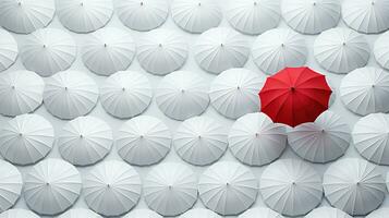 minimalistisch Schuss, Single rot Regenschirm unter Weiß Regenschirme im endlos Weiß Raum. surreal Konzept. generativ ai foto