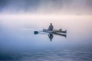 auf ein ruhig, nebelig Morgen, ein Fischer Abgüsse seine Netz auf ein heiter See. generativ ai foto