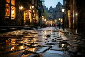 ein Antiquität europäisch Stadt Center, Kopfsteinpflaster Straßen nass von ein kürzlich Regen, reflektieren Sanft Beleuchtung von in der Nähe Laternen. generativ ai foto